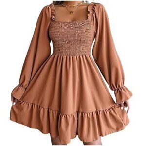 Long sleeve ruched dress in rust orange with ruffled hem, polyester. Size L NWT